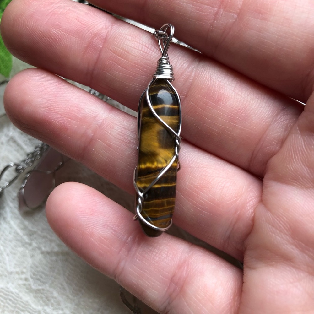 Tiger Eye Double-point Gemstone, Single Chakra Necklace - Hand-Wrapped!